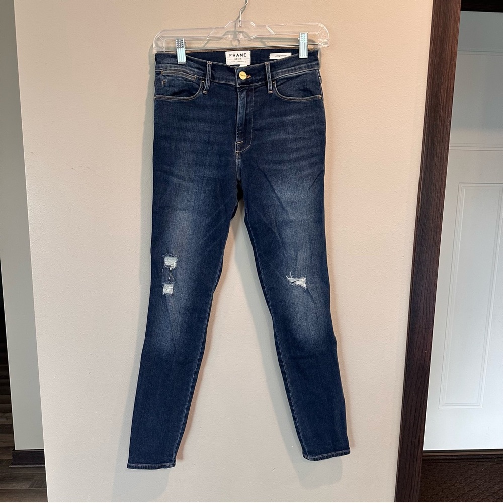 Frame Denim Le High Rise Skinny Dark Wash Lightly Distressed Knee Stretch Jean